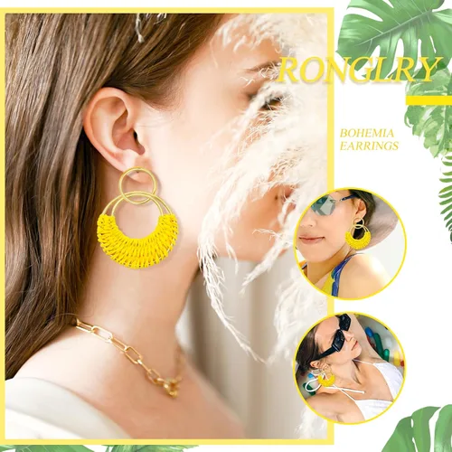 Miniatura 2 de Ronglry Aretes bohemios de ratán de rafia para mujeres y niñas, ligeros, hechos a mano, de mimbre trenzado, grandes, divertidos, modernos, regalos