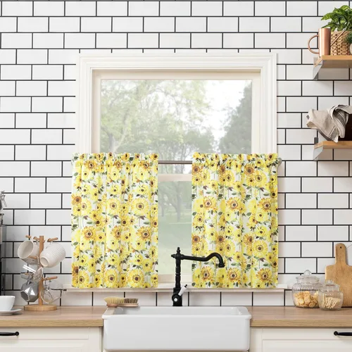 Miniatura 9 de No. 918 Sunbeam, cortina de cocina con diseño de girasoles y cenefas, semitransparentes, con bolsillo para barra, set con volantes y niveles, 54 x
