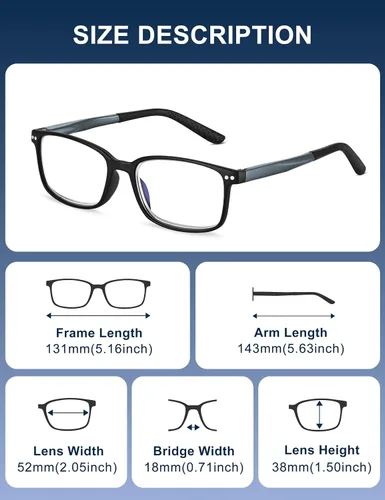Miniatura 5 de EASY READ 2 pares de anteojos de lectura de estilo deportivo para hombres, rectangulares TR90 con bloqueo de luz azul con bisagra de resorte