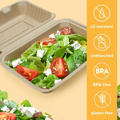 Miniatura 4 de Recipientes desechables 100% compostables con tapas [9 x 6 pulgadas paquete de 50 unidades] Recipientes ecológicos para llevar, resistentes