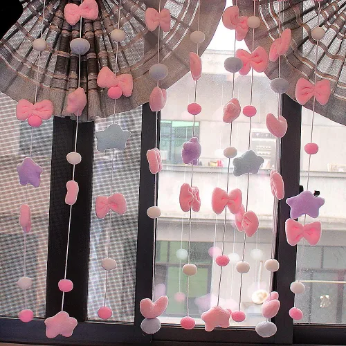 Miniatura 3 de Cortinas Kawaii para dormitorio de niñas, decoración para colgar en la pared, bonita estrella esponjosa con lazo, guirnalda de pentáculos, cortina