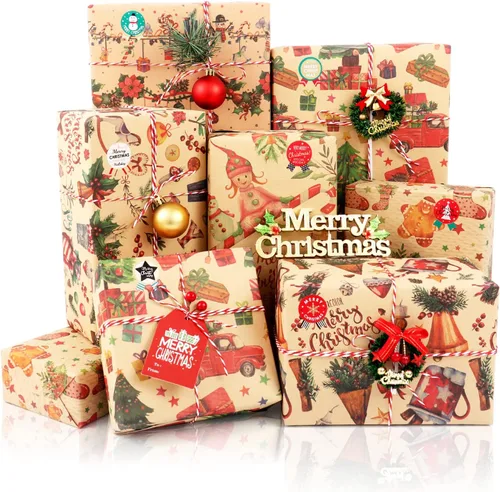 Miniatura 9 de Hojas de papel de regalo de Navidad, papel de regalo Kraft reciclado azul marino y marrón con etiquetas y pegatinas, papel de regalo de 6 hojas