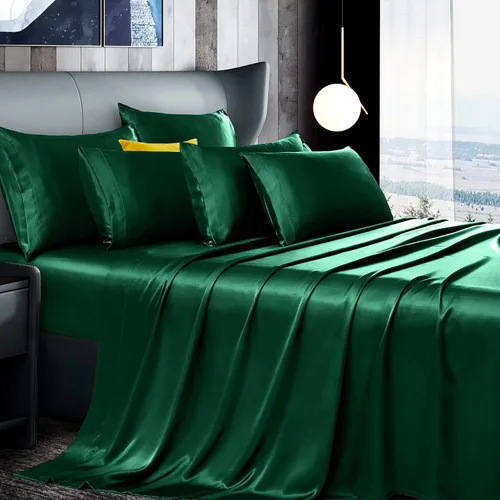 Miniatura 14 de Manyshofu Juego de sábanas de satén sedoso tamaño Queen de 7 piezas, juego de ropa de cama lujoso y suave, 1 sábana bajera, 1 sábana encimera, 4