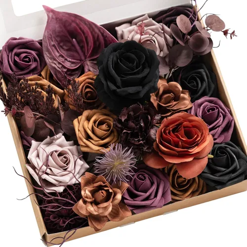 Miniatura 16 de Ling's moment Caja de Flores Falsas, Tallos de Vegetación Artificial Falsa Rosas de Espuma Dalia Hortensia de Seda Peonía Flor de Tela para Centros
