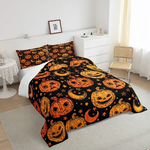 Miniatura 4 de Juego de edredón de calabaza para niños, con estampado de calabaza, estilo Halloween, juego de ropa de cama para niños, juego de ropa de cama