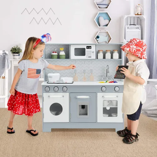 Miniatura 8 de Costzon Juego de Cocina para Niños, Set de Juego de Cocina de Madera de Simulación con Estufa, Refrigerador, Microondas, Fregadero Removible