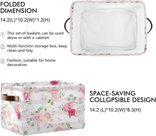 Miniatura 2 de Cesta de almacenamiento plegable con asas de cuero, con estampado de flores florales, organizador para estante Bethroom, armario, oficina, hogar, 1