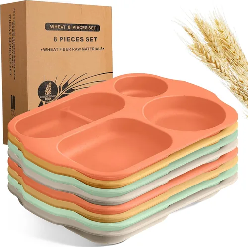 Miniatura 8 de Tanlade - 8 platos divididos irrompibles grandes de 12 pulgadas para adultos, bandeja de comida de paja de trigo de 5 compartimentos, bandeja