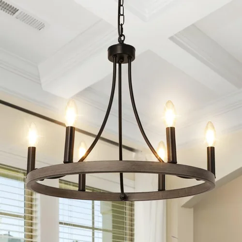 Candelabro de rueda de vagón, 6 luces, rústico, rústico, de granja, de metal negro, lámpara de comedor de madera, candelabros redondos para entrada,