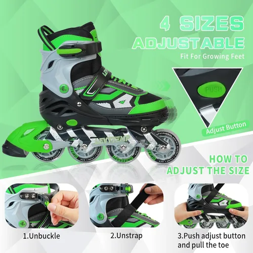 Miniatura 2 de Patines en línea ajustables para niños y adultos, patines al aire libre para principiantes con todas las ruedas iluminadas para niñas, niños, Verde