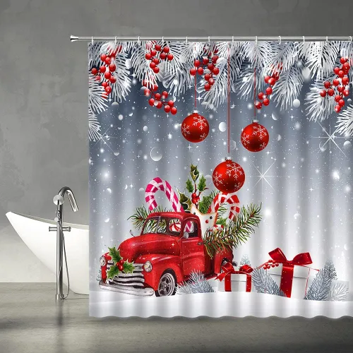 Miniatura 2 de Cortina de ducha de Feliz Navidad, bola de Navidad roja, camión retro, hojas de pino blanco, bayas, caja de regalo de Navidad, vacaciones, feliz año