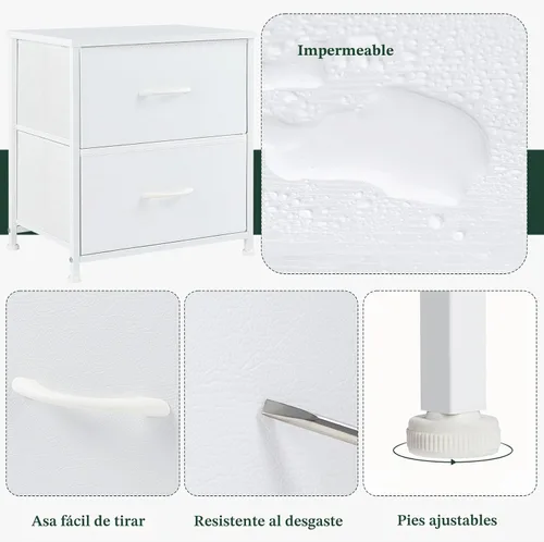 Miniatura 7 de Mesita de noche, pequeña cómoda de 2 cajones mesa auxiliar muebles de cabecera, contenedores de tela con superficie de madera para dormitorio, Blanco