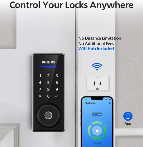 Miniatura 3 de Philips Cerradura de puerta inteligente Wi-Fi, cerradura de puerta de entrada sin llave con control de aplicación, identificación de huellas