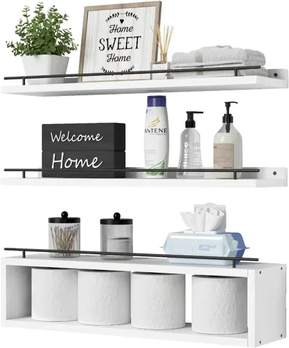 Miniatura 8 de WOPITUES Estantes flotantes para pared con estante de cubo, estantes de pared con riel de metal para decoración de baño, organizadores