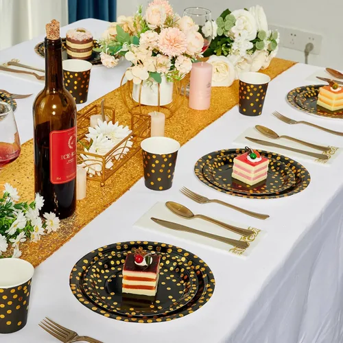 Miniatura 7 de Suministros de fiesta negros y dorados, juego de vajilla desechable de 350 piezas, platos de papel negro, servilletas, vasos, tenedores de plástico