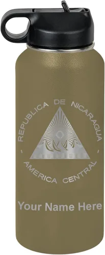 Miniatura 20 de LaserGram Botella de agua personalizada, bandera de Nicaragua, acero inoxidable de doble pared aislada al vacío con popote superior, regalo grabado