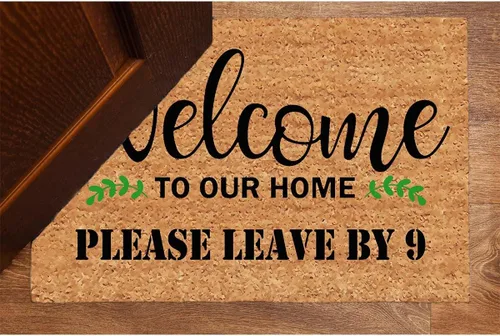 Miniatura 3 de Tapete divertido para decoración del hogar, con texto en inglés "Welcome To Our Home Please Leave By Nine", tapete de 15.9 pulgadas de ancho x 23.7
