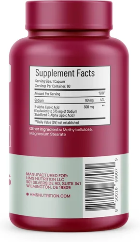 Miniatura 3 de HMS Nutrition Ácido R-lipoico estabilizado de 300 mg por porción, ácido R alfa lipoico puro (R-ALA) de alta potencia activo R isómero, antioxidante