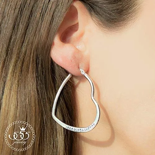 Miniatura 2 de 555Jewelry Aretes de aro de acero inoxidable con forma de corazón para mujer, Metal, Circonia cúbica