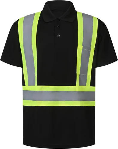 Polo de seguridad para hombre, camisa de seguridad ANSI Clase 2, camisa reflectante con parte inferior negra para hombres Negro