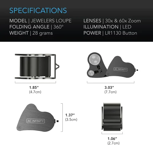 Miniatura 5 de AC Infinity Lupa de Joyero, Lupa de Bolsillo con Luz LED y Lentes Duales, Zoom 30x 60x para Joyas, Relojes, Monedas, Sellos, Capullos de Plantas