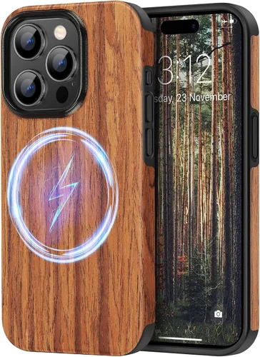 Miniatura 9 de TENDLIN Funda magnética para iPhone 13 Pro - Funda híbrida de TPU de cuero de grano de madera con compatibilidad MagSafe