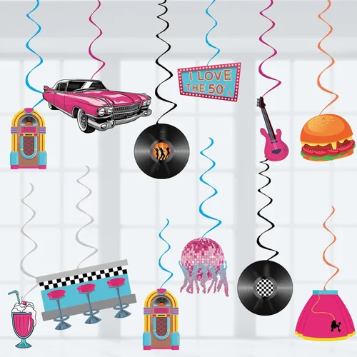 Decoraciones para fiestas de los años 50, retro de los años 50, remolinos colgantes de música rock and roll, ensamblados y listos para usar,