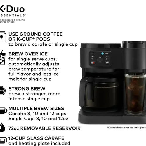 Miniatura 5 de K-Duo Essentials - Cafetera para bebidas calientes y heladas, cafetera KCup de una sola porción y jarra de café por goteo de 12 tazas, depósito