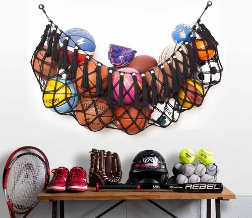 Miniatura 2 de Hamaca de red de almacenamiento de pelotas deportivas para garaje, cesta colgante, red organizadora para baloncesto, voleibol, fútbol, estante