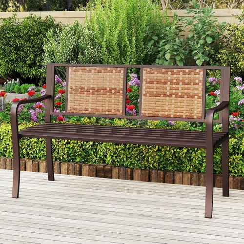 Miniatura 4 de Tangkula Banco de parque de metal de 51 pulgadas, banco de jardín para patio con respaldo de ratán y reposabrazos curvos, sofá biplaza exterior