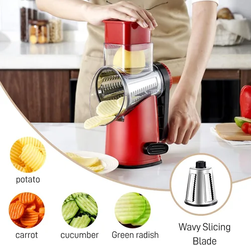 Miniatura 3 de Weltonhm Ralladores rotativos de queso con 4 cuchillas, rallador de queso de manivela con rebanador de waffles, rallador de queso rojo, negro y Rojo