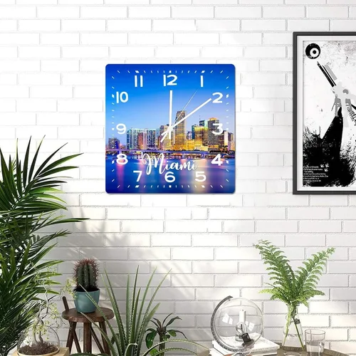 Miniatura 4 de Reloj de pared American Florida State Miami City Skyline Paisaje urbano Vista de la ciudad Reloj clásico de madera sin tictac funciona