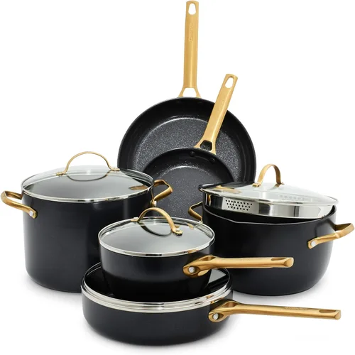 GreenPan Juego de ollas y sartenes antiadherentes de cerámica anodizada dura, 10 piezas, asas de acero inoxidable en tono dorado, sin PFAS, apto