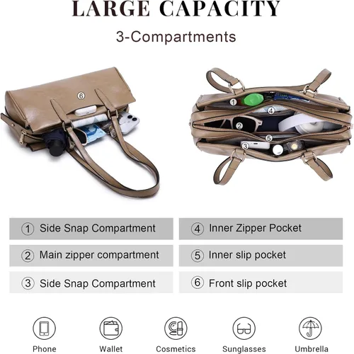 Miniatura 5 de Dasein Bolsos Hobo para mujer, de cuero vegano suave, con 3 compartimentos, múltiples bolsillos