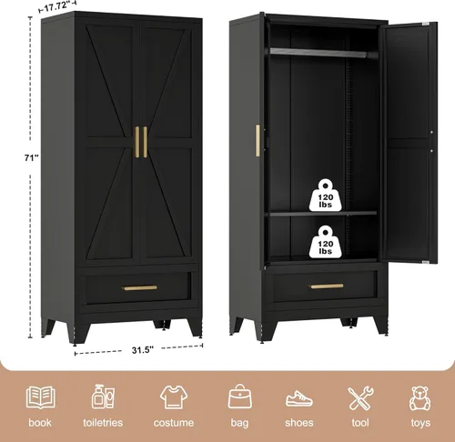 Miniatura 3 de LCAOPC Armario de metal de 71 pulgadas de alto con cajón y barra para colgar, armario de 2 puertas con estante para dormitorio, oficina, lavandería