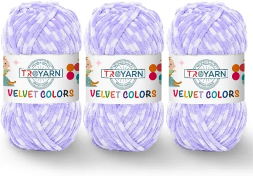 Miniatura 55 de TROYARN Hilo de lana de terciopelo en colores (paquete de 3 madejas) Chenille para manta Amigurumi, hilo para crochet y punto súper voluminoso 3x100