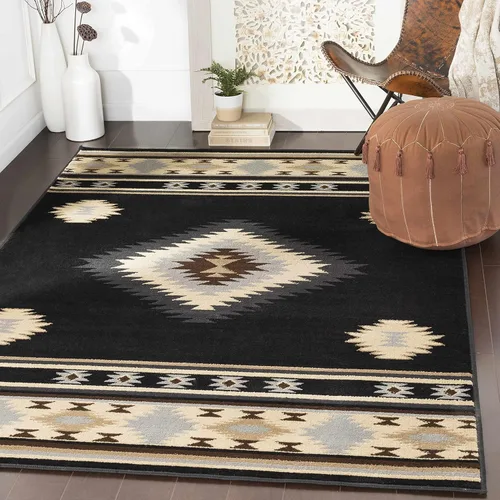 Miniatura 10 de Hoylake Southwestern - tapete estilo tribal, azteca, indio americano e indie, felpudo, pequeño, marrón, gris, negro, 1 pie y 10 pulgadas por 2 pies