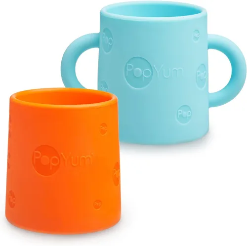 Miniatura 9 de PopYum Taza de entrenamiento de silicona, paquete de 2, morado eléctrico y rosa orquídea Asas, sin BPA, entrenamiento de autoalimentación, vaso