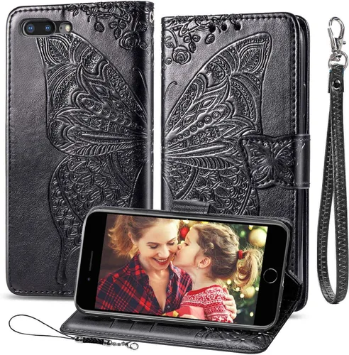 Funda tipo cartera para iPhone 8 Plus/iPhone 7 Plus, diseño de mariposa en relieve de piel sintética para tarjetas de crédito, ranuras para correa