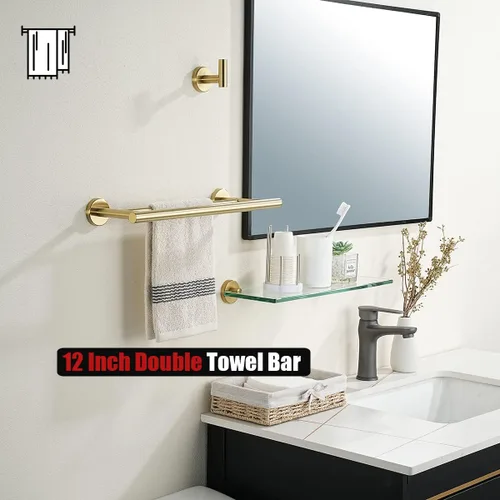 Miniatura 5 de JQK Barra Doble para Toallas Dorada, 15 Pulgadas de Acero Inoxidable 304 Gruesa de 0.8mm Soporte para Toallas para Baño y Toallas de Mano, Montaje