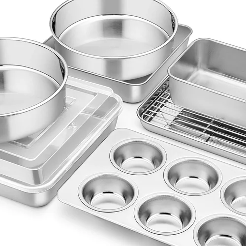 Miniatura 8 de E-far Juego de 9 moldes para hornear de acero inoxidable, juego de 9 piezas para panecillos de galletas, incluye bandeja redonda y cuadrada
