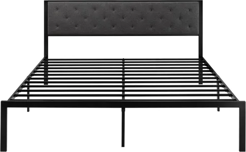 Miniatura 7 de Allewie Base de cama individual con cabecera tapizada de piel sintética, diseño elegante con costuras de diamante, no necesita somier, color negro
