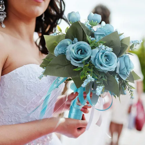 Miniatura 8 de EUBUY Ramos de boda para dama de honor, rosas artificiales blancas de 10.2 pulgadas, juego de ramos de seda de la serie Forest con lazo de cinta