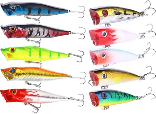 Miniatura 10 de Señuelos de pesca Popper cebo de pesca Topwater cebos duros ojos 3D Swimbait Crankbait con gancho de agudos para lubina, trucha, agua dulce y salada