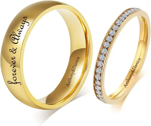 Anillos de compromiso personalizados a juego para parejas, juego de anillos de boda de acero inoxidable dorado para él y ella, anillos de pareja