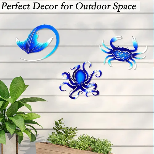 Miniatura 5 de BVLFOOK Decoración de pared de metal, pulpo, cangrejo, manta raya, océano náutico costero, decoración de San Valentín, concisa de 9 pulgadas, juego