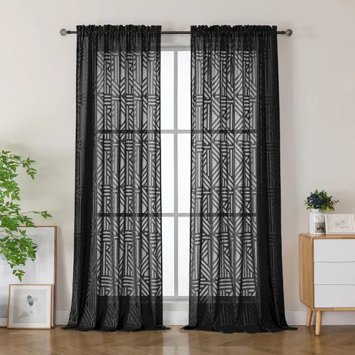 Miniatura 77 de Simplebrand Cortinas traslúcidas negras de cocina de 24 pulgadas de largo, 2 paneles, filtrado de luz, geométrico jacquard con textura, cortinas
