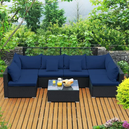 Miniatura 36 de Tangkula Patiojoy - Juego de muebles de ratán de 7 piezas, juego de conversación al aire libre con cojines y mesa de centro de vidrio templado