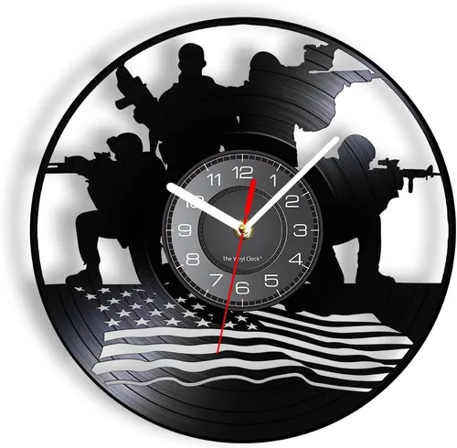 Miniatura 10 de Reloj de pared militar de 12 pulgadas, diseño patriótico, 7 colores cambiantes, soldados LED con bandera estadounidense, reloj de pared, regalo
