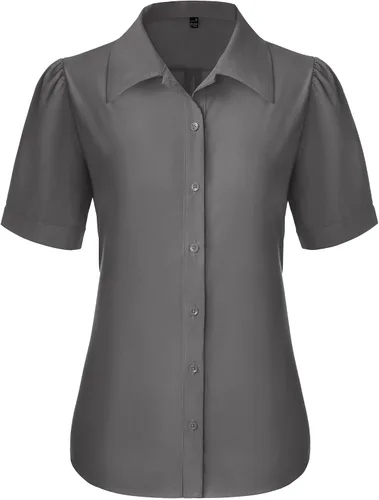 Miniatura 13 de Gleeivy Camisas de botones para mujer de manga corta abombada, camisas de vestir abotonadas con cuello ajustado, blusa superior de trabajo